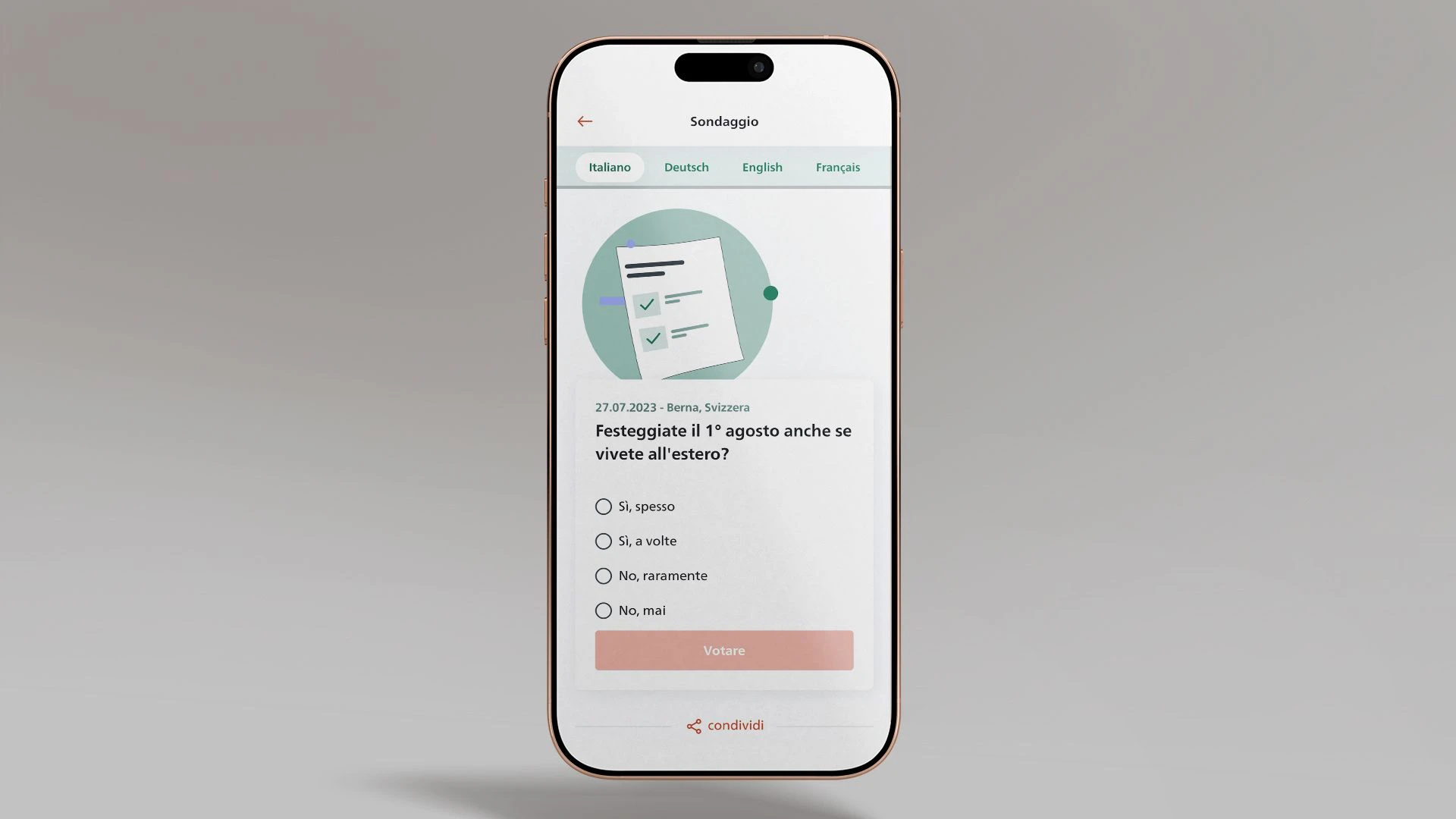 La figura mostra uno smartphone su cui è aperta la funzione di sondaggio dell’app SwissInTouch.